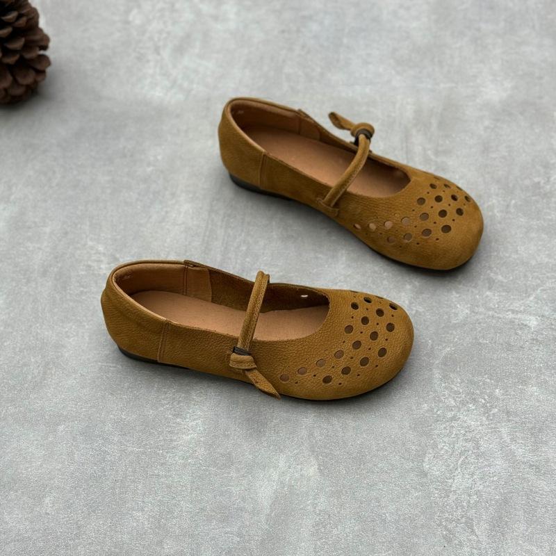 Johnature Handmade Genuine Leather Hollowed Out Women's Flat Shoes Retro Round Toe Soft Cowhide Sandals