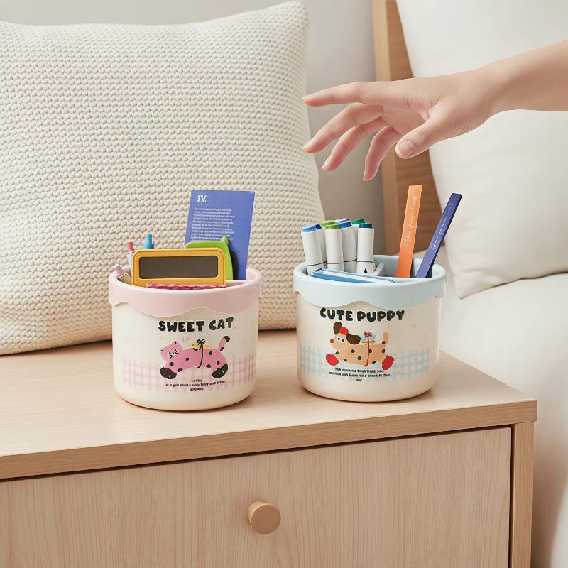 Cute Cartoon Makeup Brush Holder Divided Desktop Storage Organizer For Lipstick Cosmetic Pen Stationery Organizing