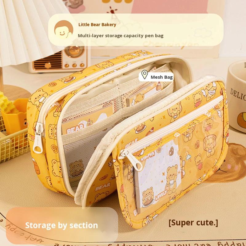 Large Capacity Multi-Layer Leather Pen Bag for Students Cute Bear Bakery Design New Girls Primary School Bag Oxford Pencil