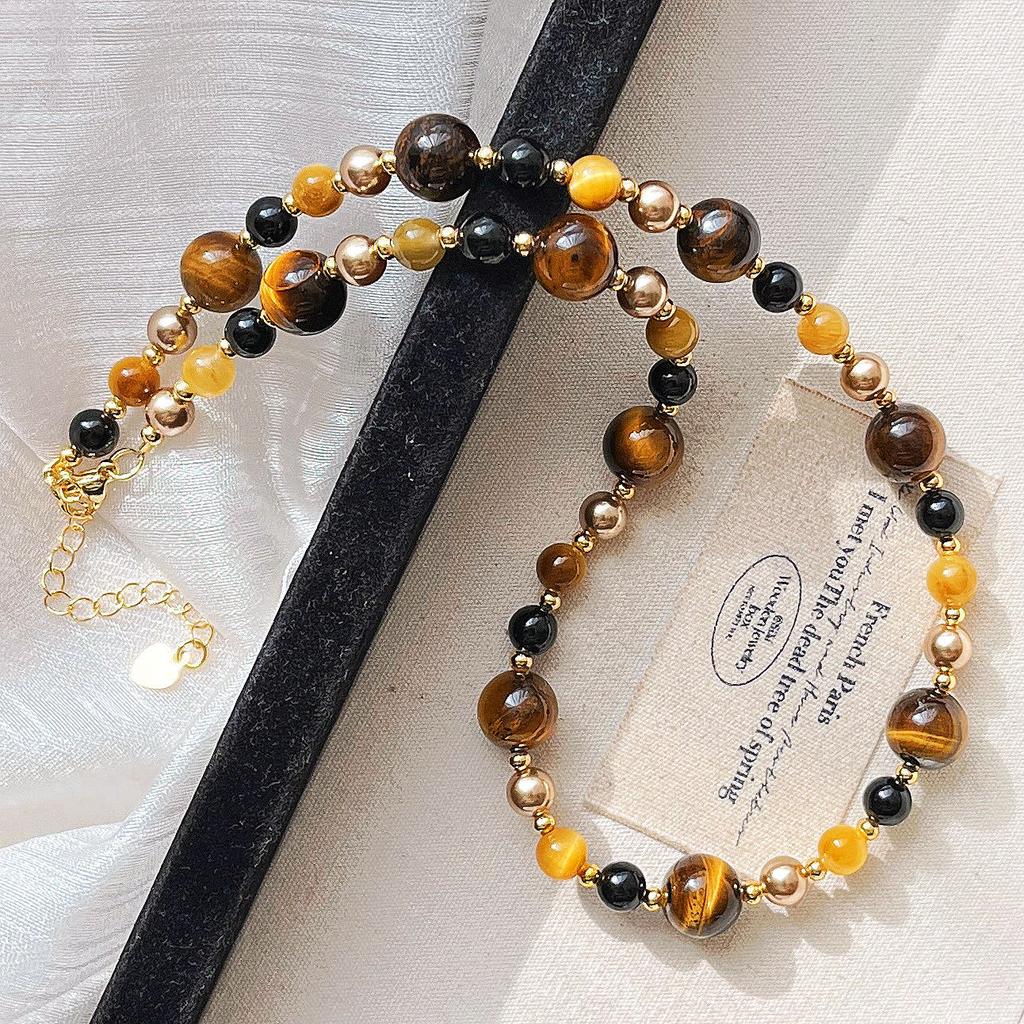 Maillard Style Natural Boutique Tiger'S Eye Stone Highlight Shijia Pearl Clavicle Chain Necklace Female