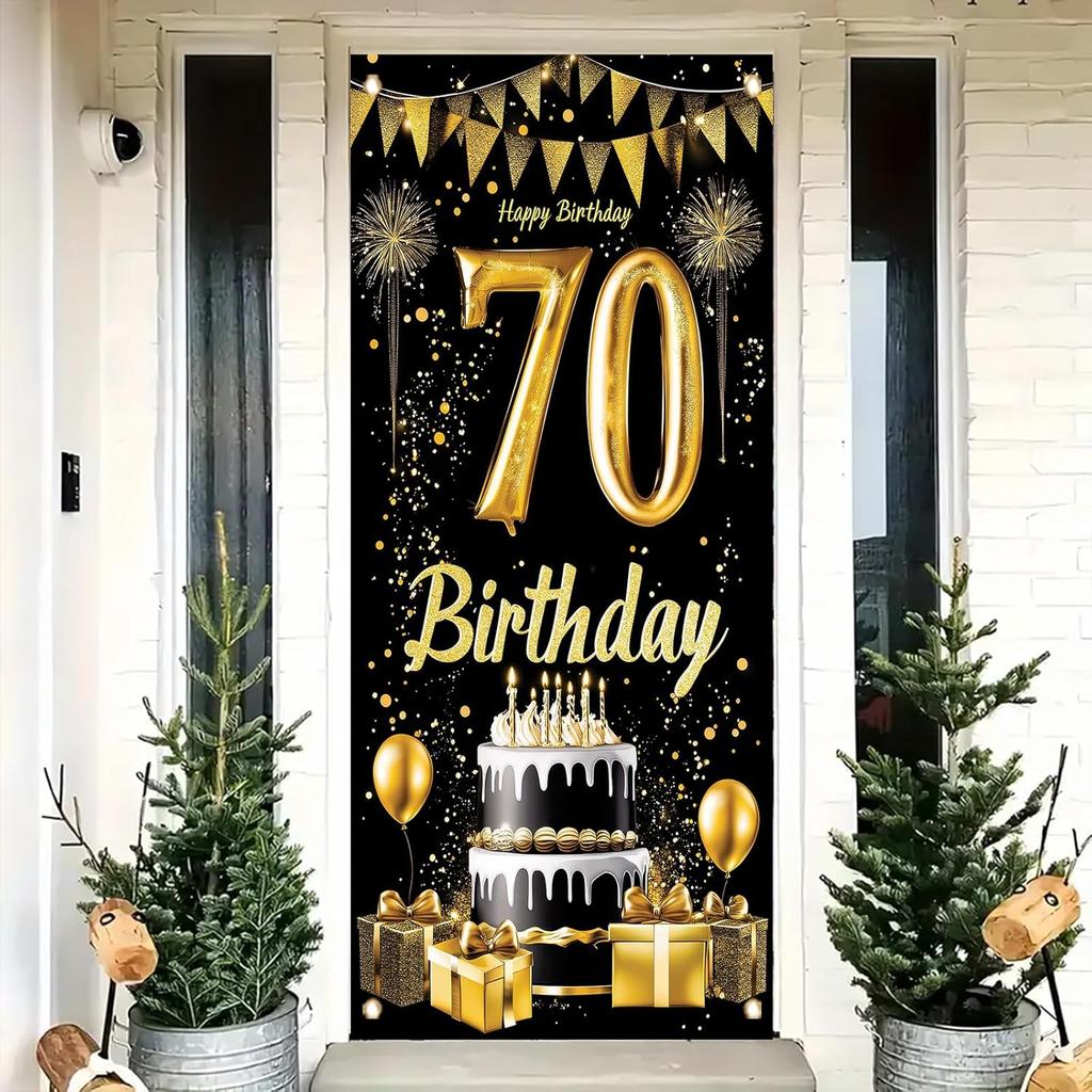 18th Birthday Door Cover Decoration 71 x 35 Inch Black and Gold Cake Banner with Balloons and Gifts for Eighteenth Birthday Party Supplies Happy 18