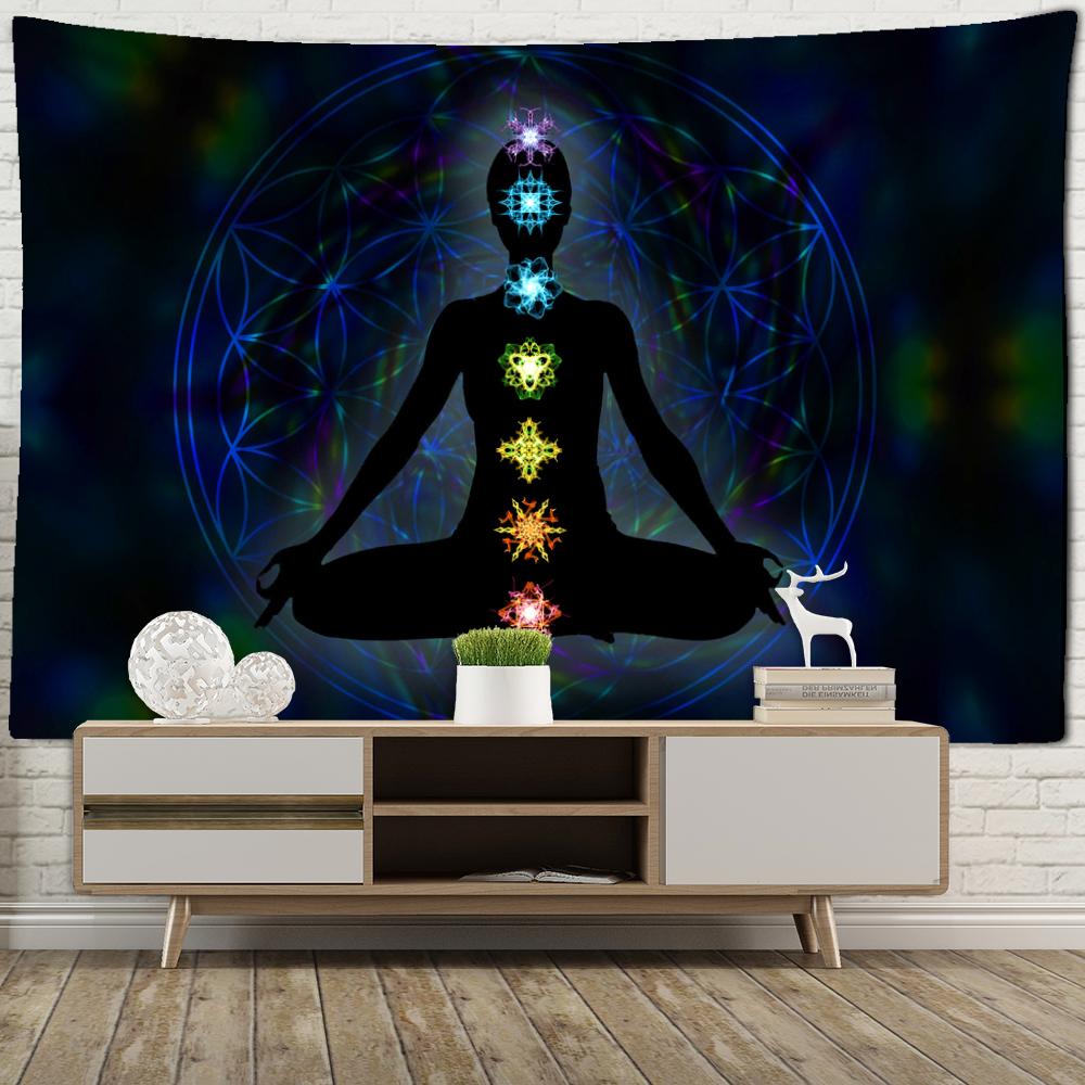 Indian Buddha Statue Meditation 7 Chakra Tapestry Wall Hanging Mandala Tapestries Wall Cloth Psychedelic Yoga Carpet Boho Decor