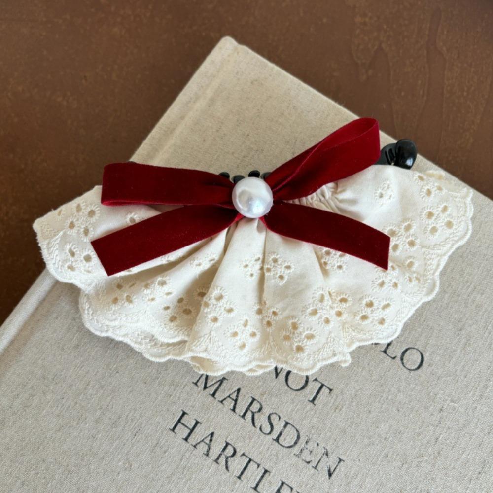 Hair Clips Red Velvet Bow Hair Clip Pearl Bow Vertical Clip Sweet Lace Bow Hairpin  Gift