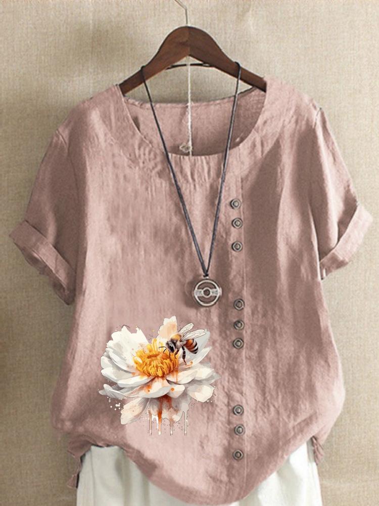 Damenmode Blume Biene Print Rundhals Kurzarm T-Shirt Lässig Baumwolle Leinen Grafikshirt Freizeit Locker Sommer Bluse Oberteile