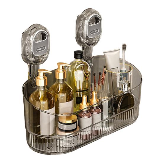 No Drill Bathroom Suction Storage Box Wall-Mounted Storage Shelf Organizer with Drain Hole Removable Clear Shower Caddy for Home Kitchen