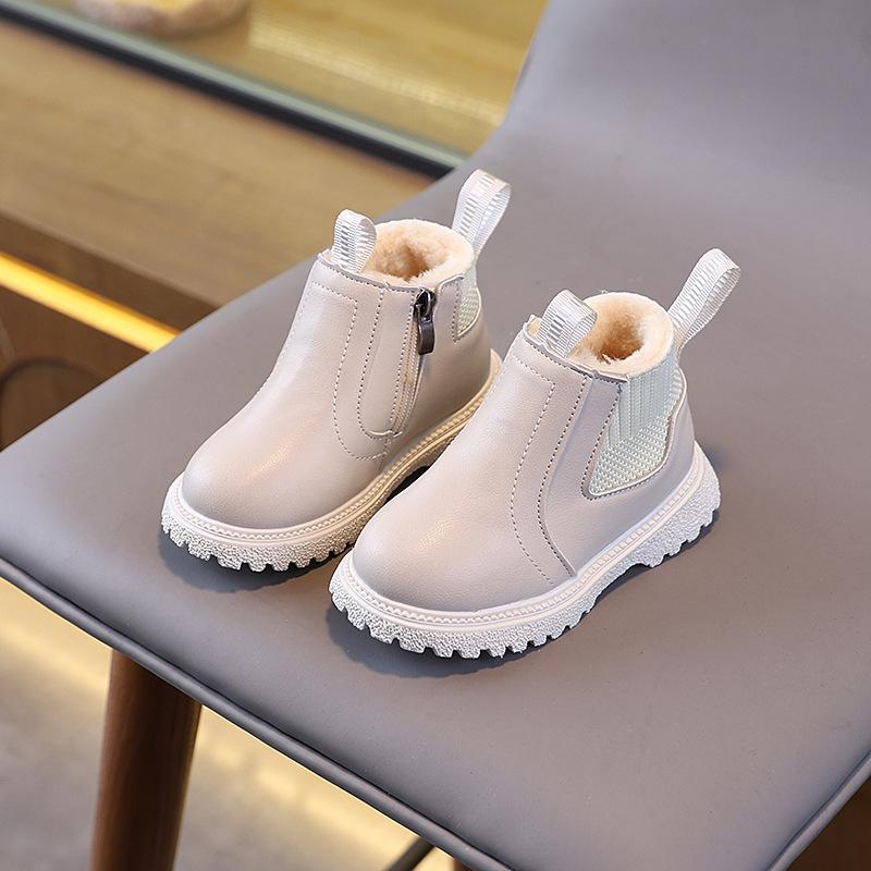 Autumn Winter Kid Boys Girls Casual Ankle Boots Comfortable Simple Side Zipper Leather Boots Velvet Warm Non-Slip Boots