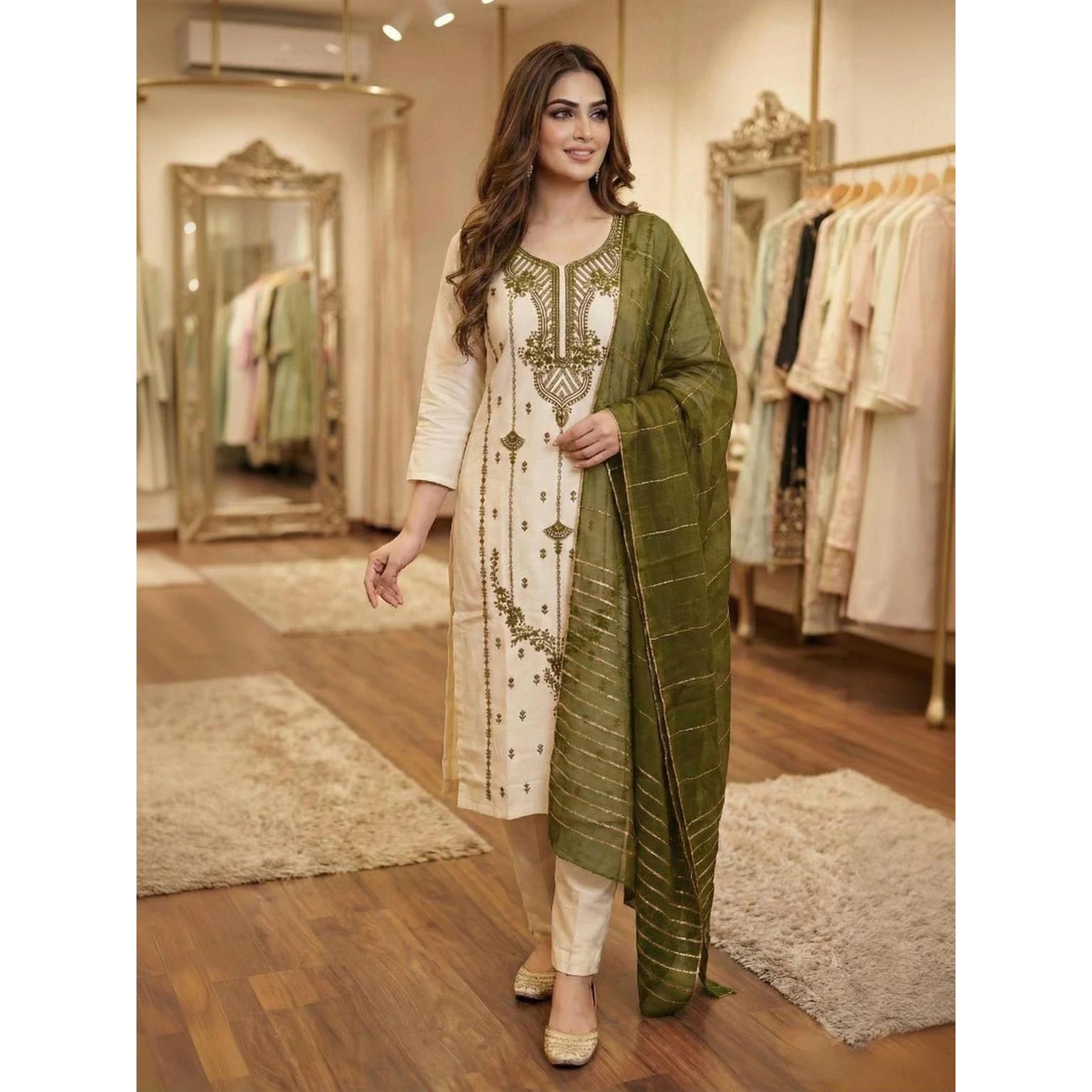 Pakisatni Pure Cotton Kurti Pant Dupatta Set Indian Ethnic Salwar Kameez Kurta