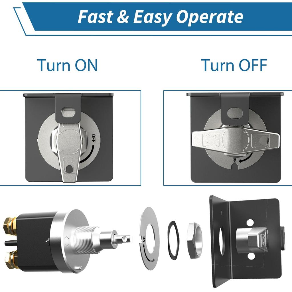 12-36V Master Battery Disconnect Switch,High Current up to 500A.Perfect for Cars, Trucks, RVs, Boats, and ATVs. Easy On/Off Operation with Face Plate