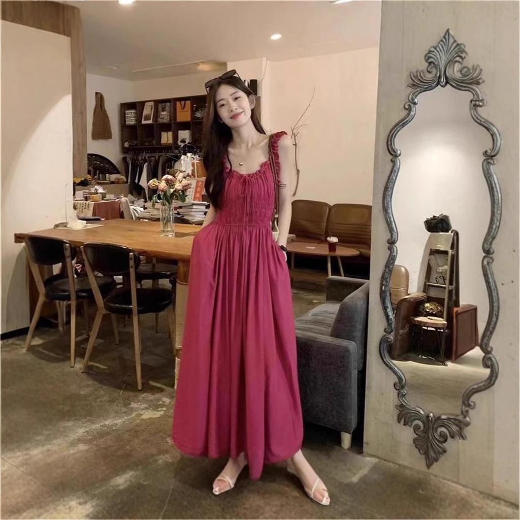 2024 Summer French Rose Spaghetti Strap Sleeveless Dress - Casual, Loose, Slimming