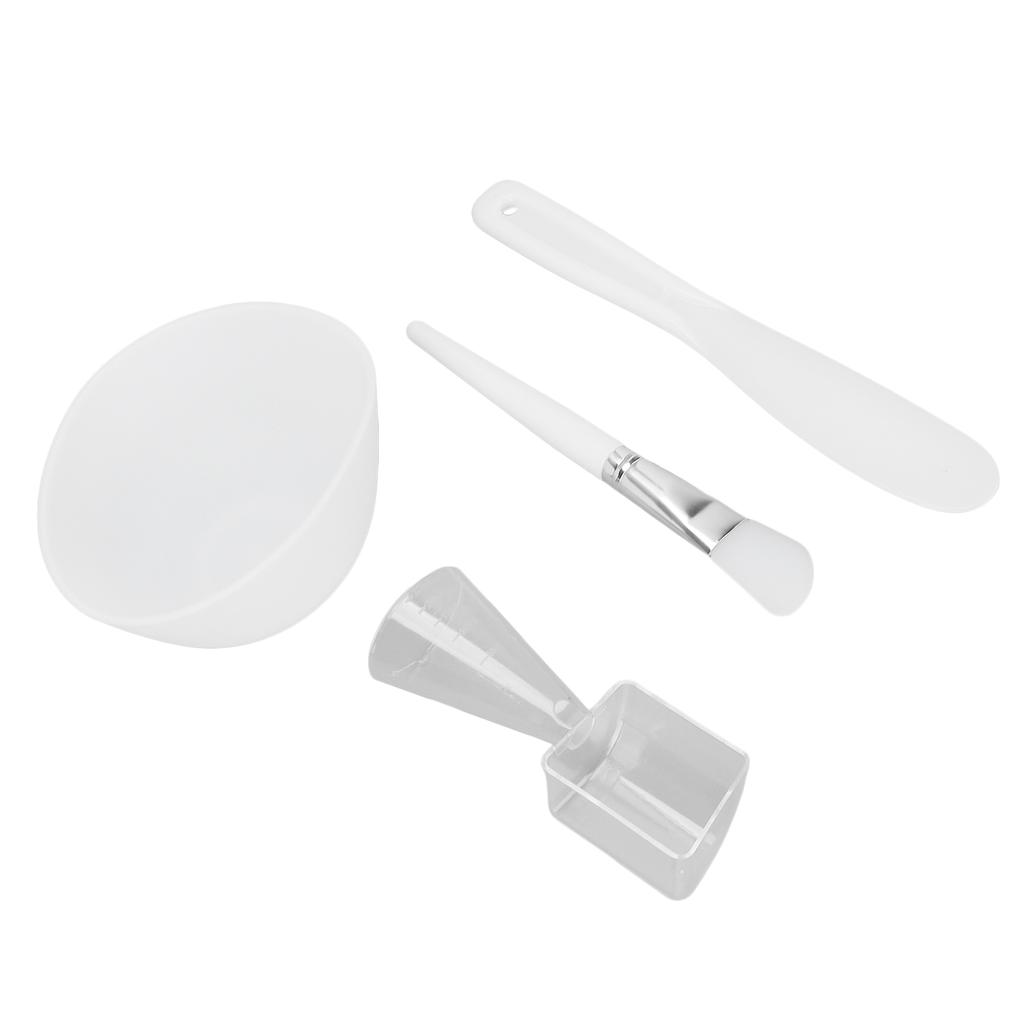 4pcs Face Mask Bowl Set Measuring Spoon Spatula Silicone Brush Washable Skin Mask Applicator White