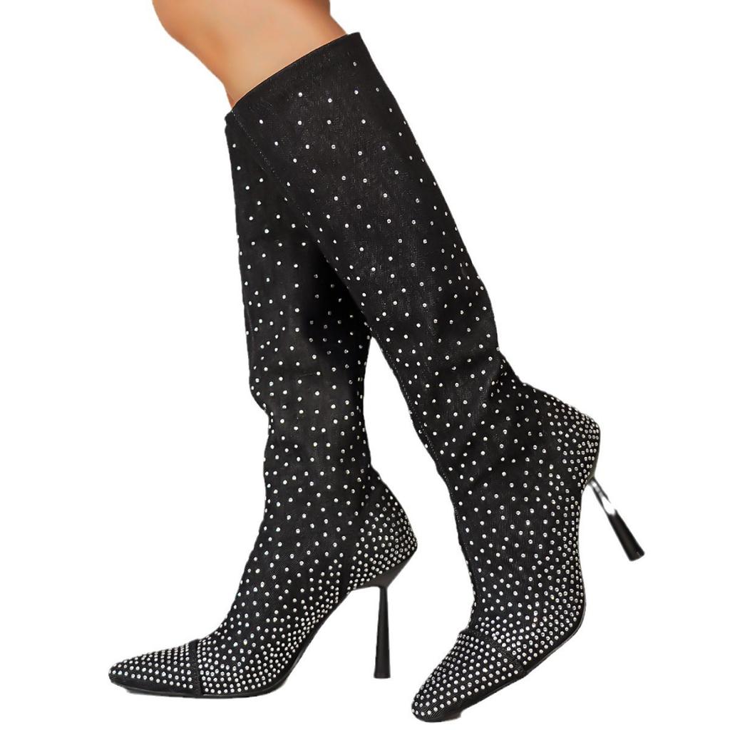 Women's Boots Thin Heel High Heel Fashion Boots Rhinestone Skinny Boots Pointed Denim Versatile High Boots Children