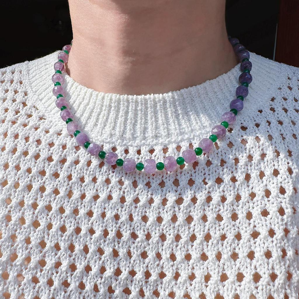 Natürlicher Aquamarin und Rosa Exquisite Halskette - Edler Lila und Grüner Perlen-Choker, Sommerkollektion.