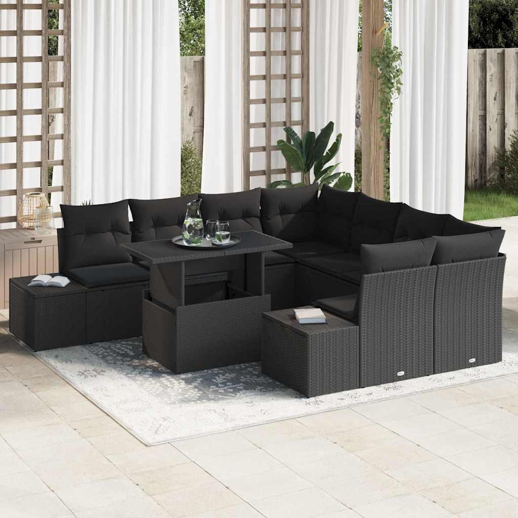 Garden Sofa Set with Cushions 9 pcs Black Poly Rattan