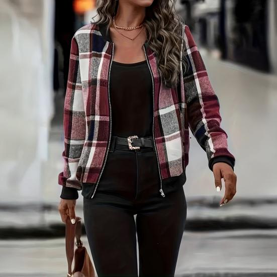 Women Jacket Stand Collar Long Sleeve Zipper Closure Short Jacket Plaid Print Ribbed Hem Cuff Casual Coat Daily Wear