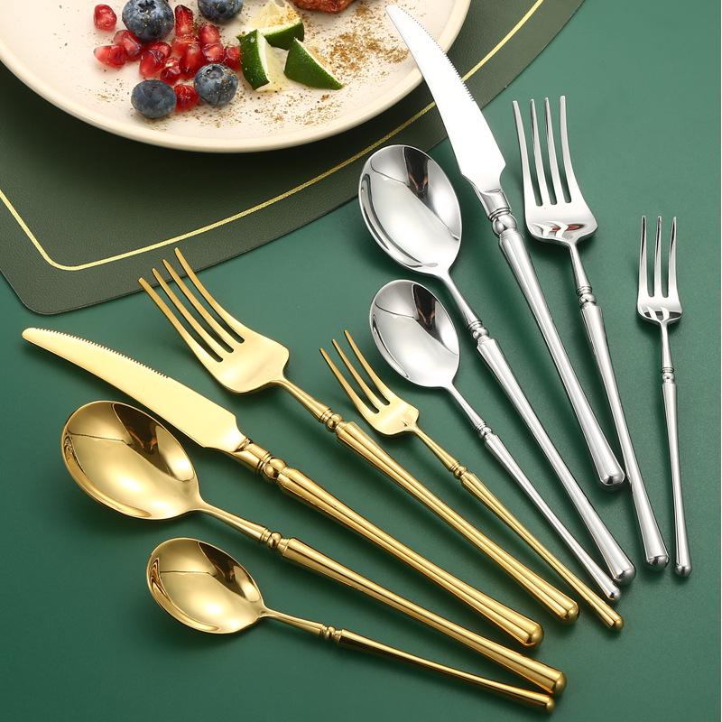 304 stainless steel cutlery set: knife, fork, spoon, steak knife, and coffee spoon.