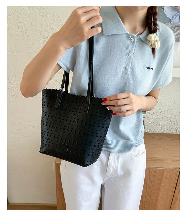 

Large capacity hollow woven tote bag niche casual handbag seaside vacation vegetable basket bag beach bag чёрный