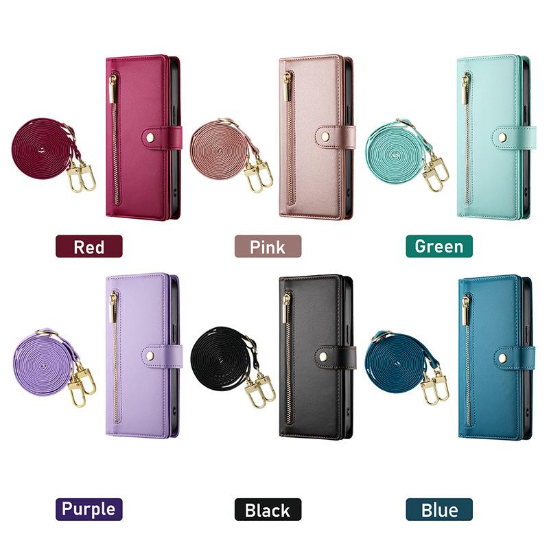 Flip mobile phone case is suitable for iPhone17 mobile phone leather case, foreign trade explosive zipper, nine-card long rope, crossbody multi-fu