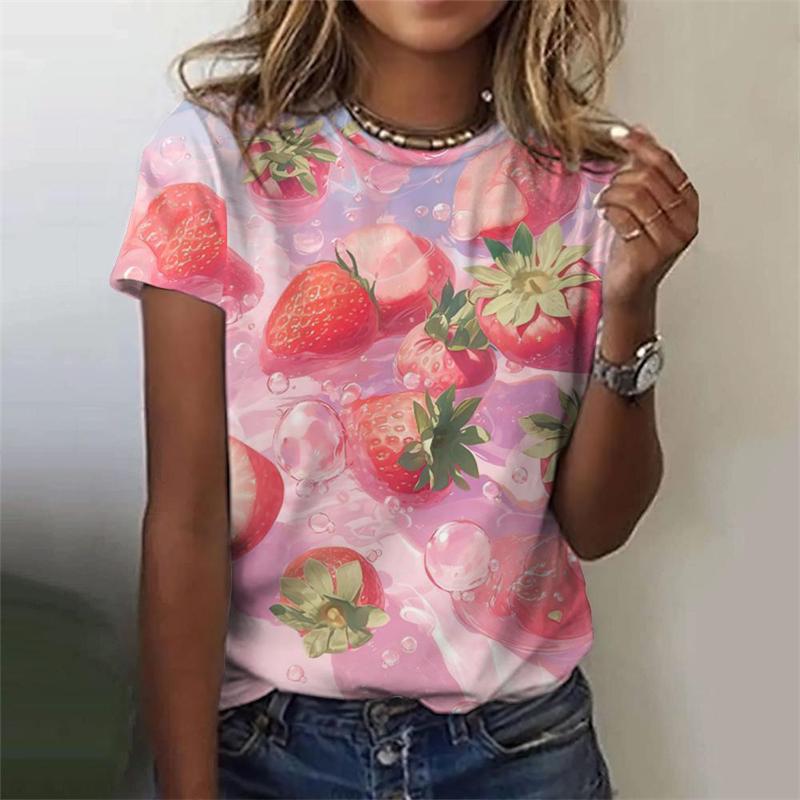 Summer  Fruit Pattern T-Shirt For Women Strawberry Watermelon 3D Printed Short Sleeves Summer Tees Oversized T Shirts O-Neck