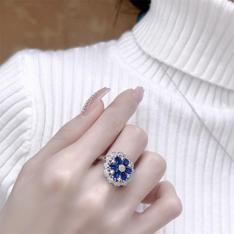Sapphire & Gemstone Flower Set: Elegant Ring, Necklace, Earrings - Influencer Style for Women Adjustable Open Size