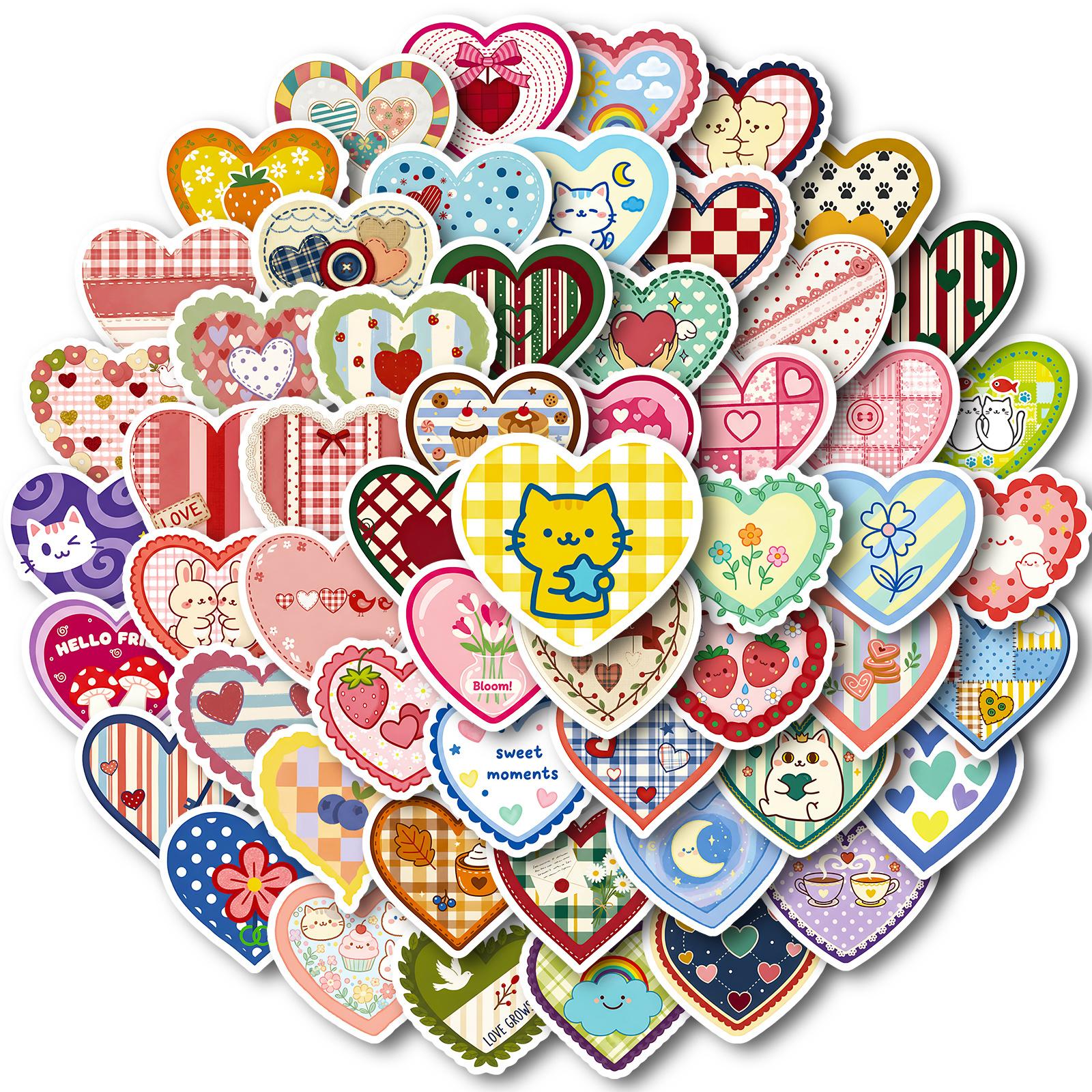 

56pcs Cute Cat Strawberry Plaid Heart Stickers | Love Heart Themed, Self-Adhesive,Cartoon Pattern,for Diary Scrapbook Decoration