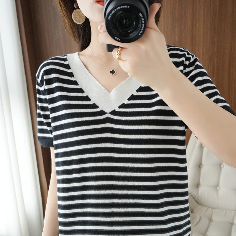 

Pure Cotton V-neck Striped Short-sleeved Women s Summer New Fashionable and Versatile Contrast Knitted T-shirt Comfortable Half-sleeved Top XXL