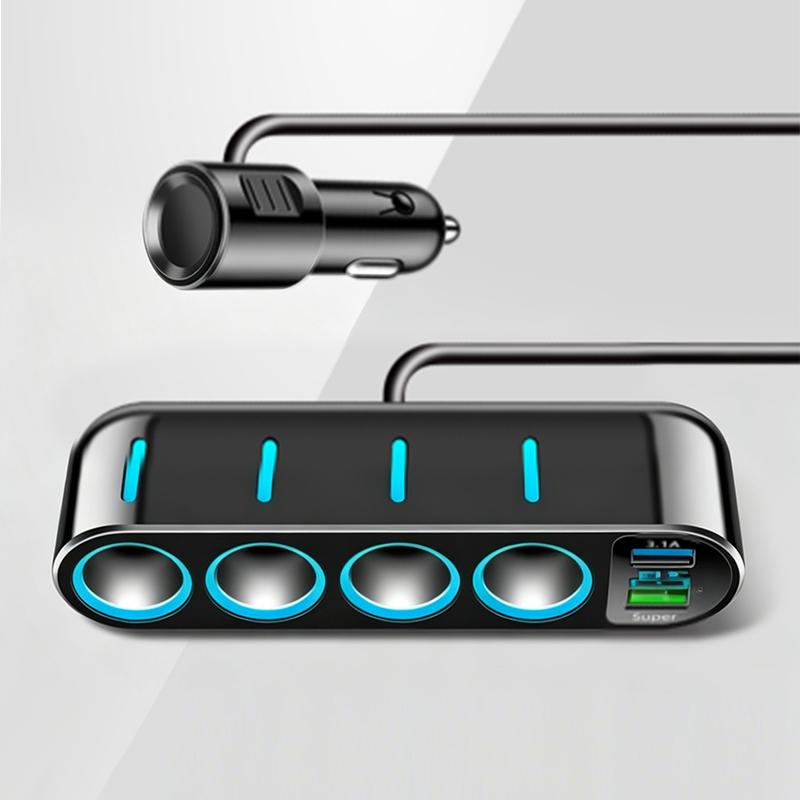 7 In 1 Safe Car Fast Charger Adapter 4 Cigarette Lighter Dual USB PD 12-24V Overheat Protection for Vehicle Use