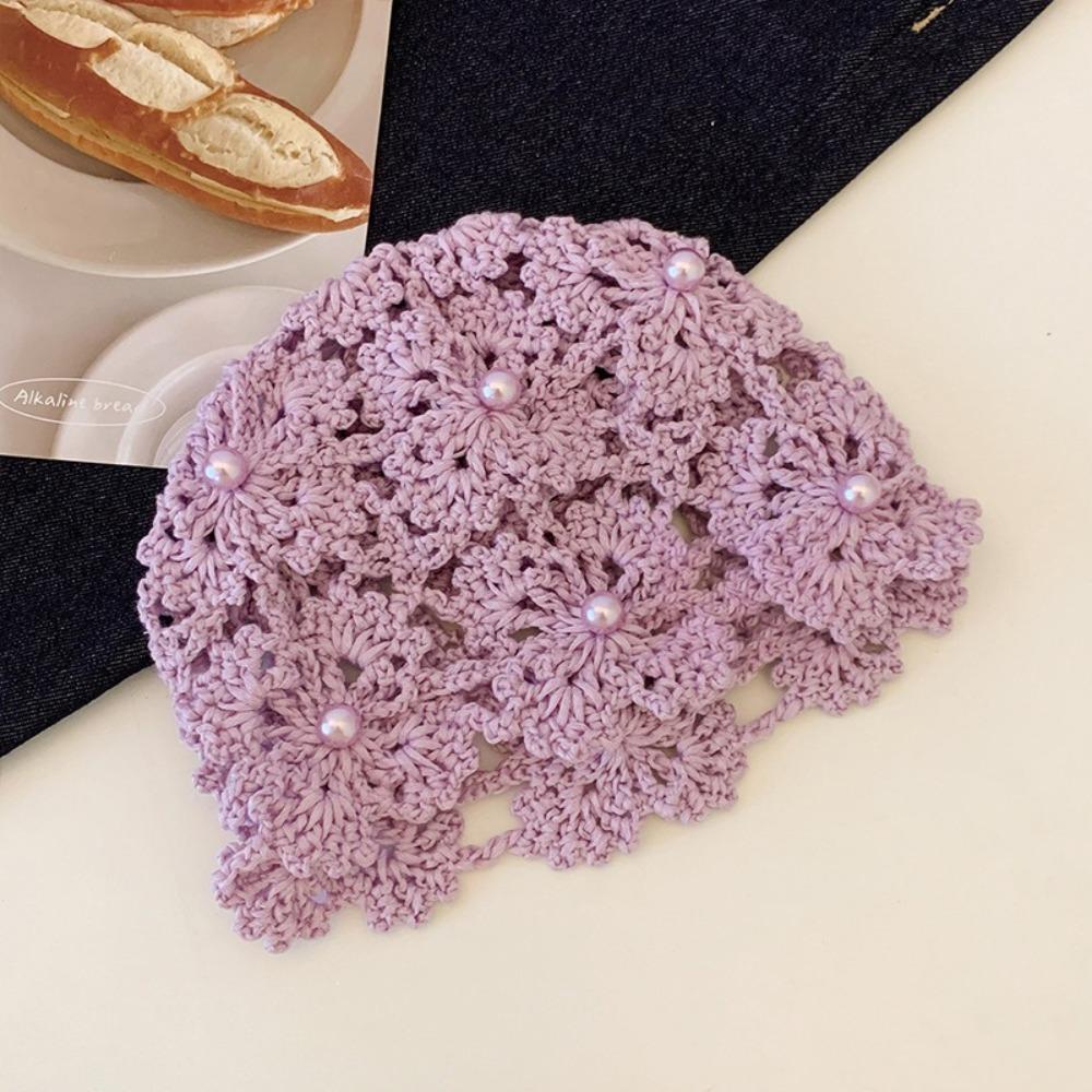 Pearl Crochet Sequined Hat Elegant Bohemian Style Beanies Fashion Hollowed Out Knitted Hat Girls фиолетовый