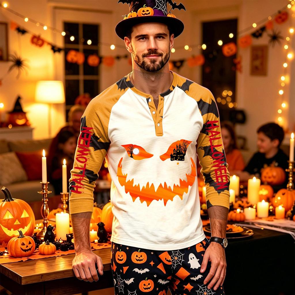 Men's Long Sleeve Shirt with Halloween Print Pattern for Casual Wear