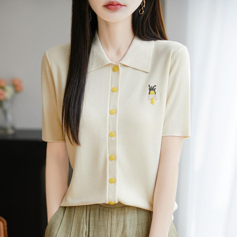 

Летняя новая футболка с воротником ПОЛО для женщин, вышивка тяжелой промышленности, облегающая, с коротким рукавом, простой и универсальный вязаный пуловер, топ с рукавом до локтя L бежевый