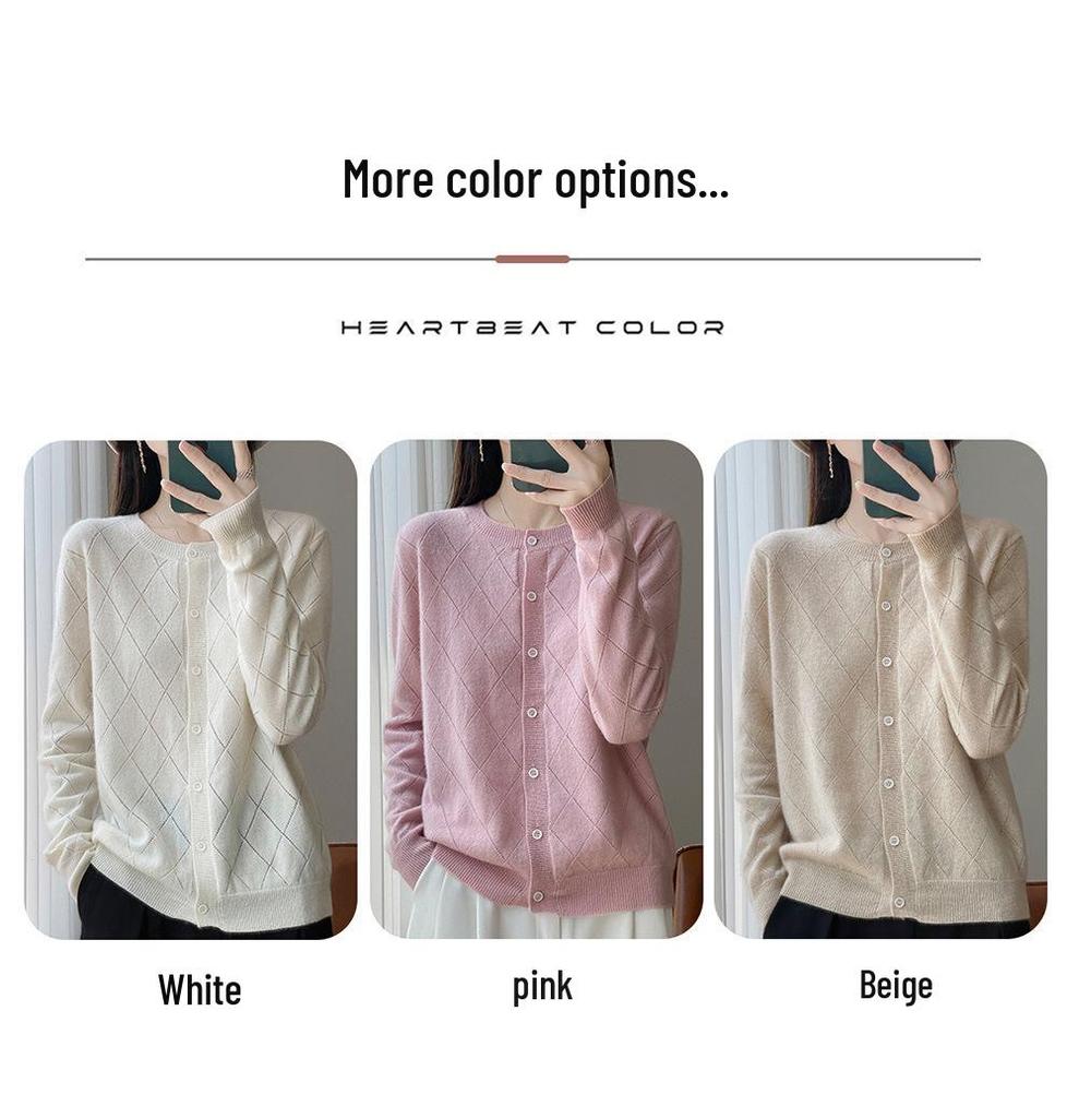 Women's 100% Wool Round Neck Cardigan - Autumn/Winter Versatile Short Sweater Coat