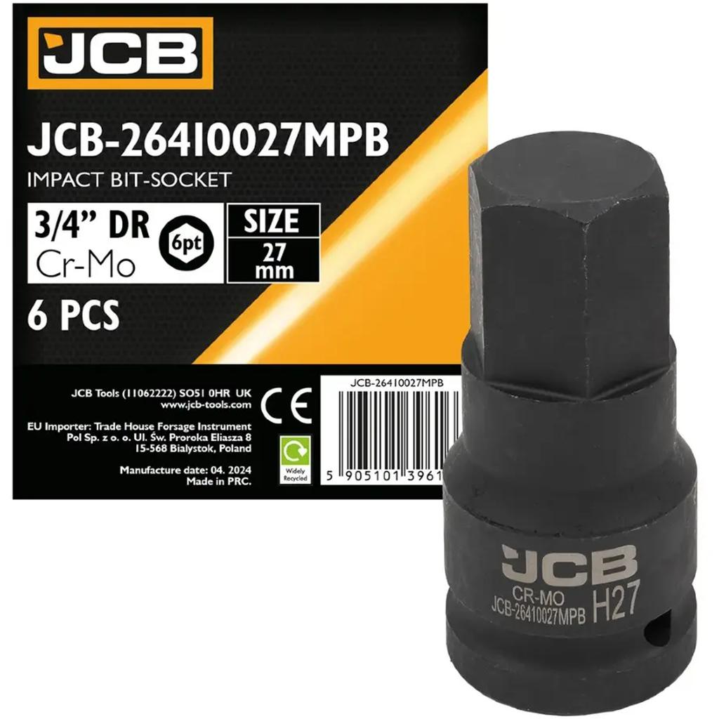 JCB Impact Bit Socket 3/4" 27mm 6-point Cr-Mo Socket Wrench