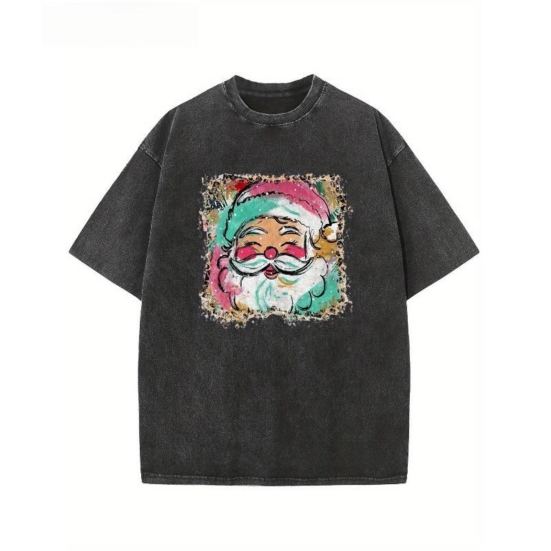 

Men s Distressed Washed Crew Neck T-Shirt Men s Casual Fashion Wear Santa Claus Art Print Christmas Holiday Season Gift for Him S чёрный