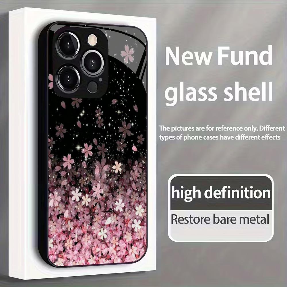 Pink Cherry Blossom Pattern Tempered Glass Phone Case Suitable for iPhone 17 16 15 14 13 12 11 Pro/Max/Plus Anti Drop Back Cover