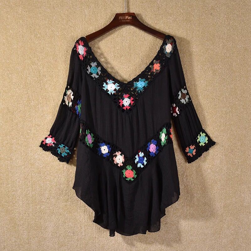 Woman Beach Coverups Bohemian Style Hollow Out Floral Bikini Loose Coverups Beachwear