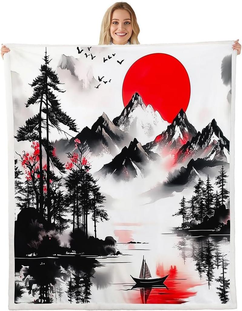 GUOYU Decke Japanische Stil Decken und Überwürfe Kran und Sonne Decke Überwurf für Kinder Erwachsene Kirschblüte Fleece-Decke Orientalische Malerei