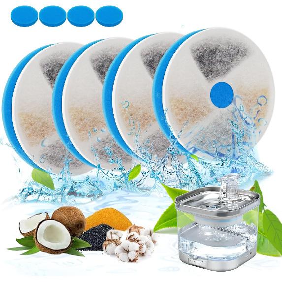 Cat Water Fountain Filter for WF190 67oz/2L Pet Fountain, 3 Triple Filtration System Replacement Filter (Pack of 4)