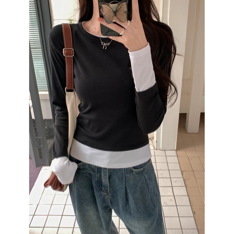 

Женская модная футболка с длинным рукавом, дизайн ниши, облегающий топ, имитация двух частей XL чёрный