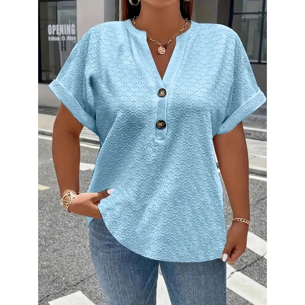 New Women's Plus Size Fashion Casual Solid V-neck Button Top, Versatile Daily Basic Shirt For Women, European American Style Crossbody Clothing