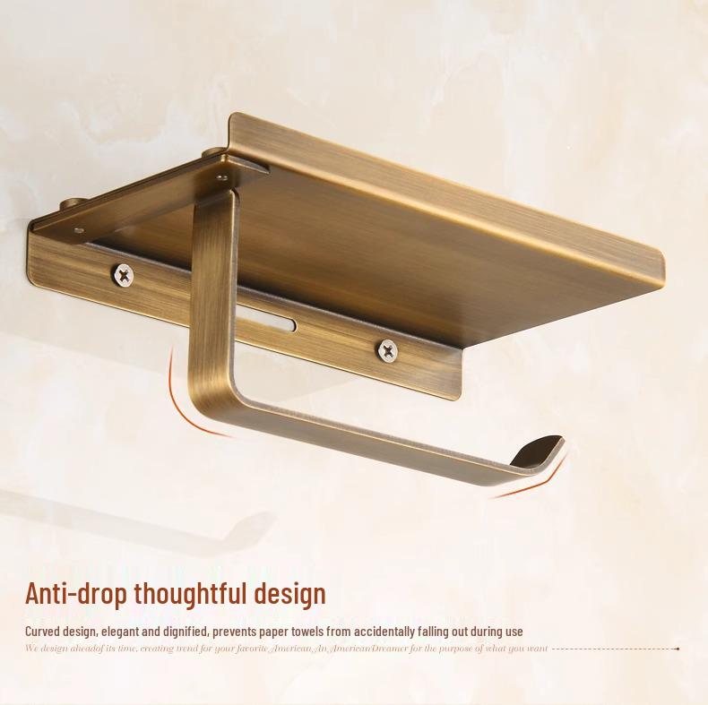 Antique-style Copper Paper Towel and Phone Holder for Bathroom Hotel Use - European No-Drill Design.