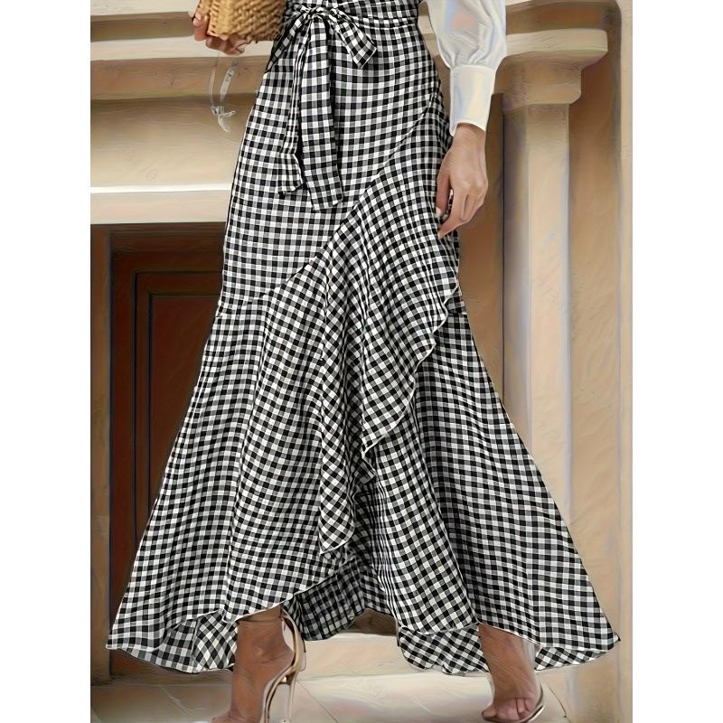 European and American Plaid High-Waisted Lace-up Ruffle Hem Asymmetrical Skirt