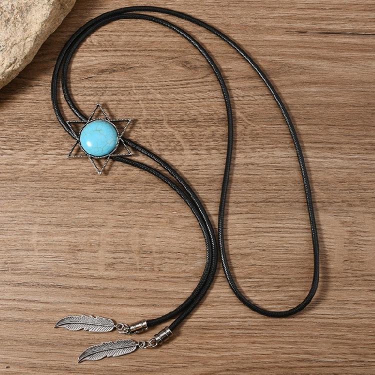 Men Women Western Cowboy Bolo Tie Vintage Turquoises Pendant Jewelry Leather Rope Necktie Tie Metal Feather Necklace