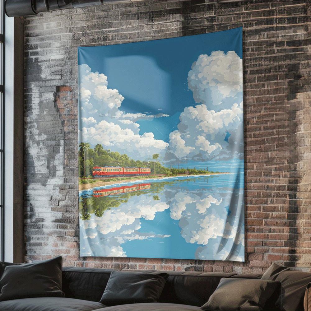 Train Moving Through the Clouds Digital Printing Polyester Wall Tapestry Suitable for Use In Living Rooms Bedrooms Bars Party