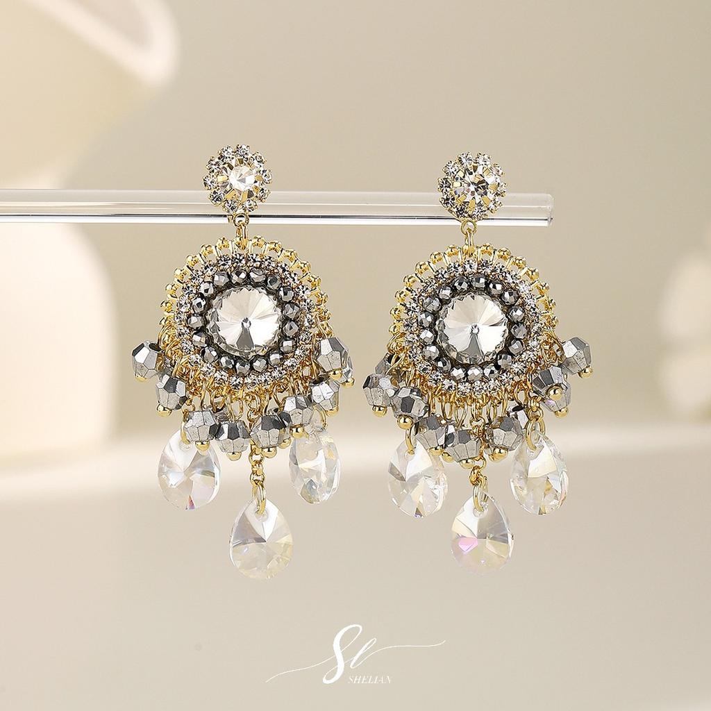 Fashion Light Luxury Crystal Fringed Earrings, Retro Ethnic Style Handmade Studs, Bohemian Temperament Crystal Earrings.