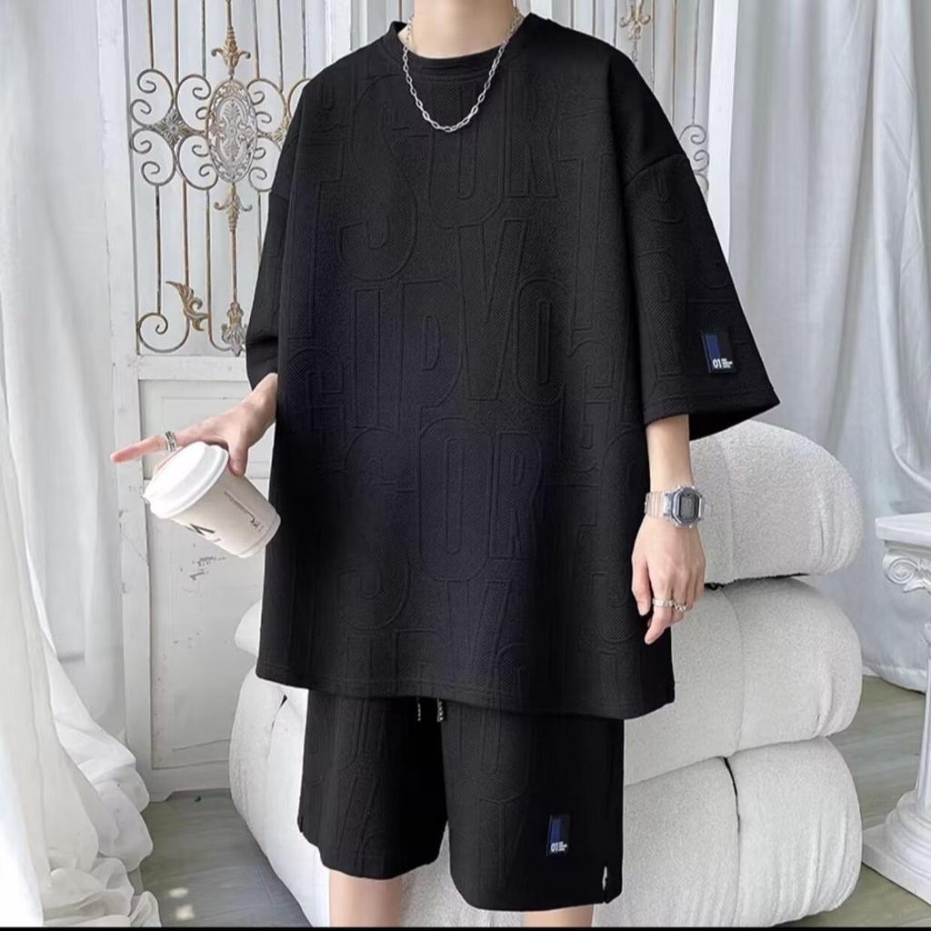 Men's Trendy Summer Jacquard Sport Outfit: Casual Two-Piece Set with Short Sleeves and Shorts