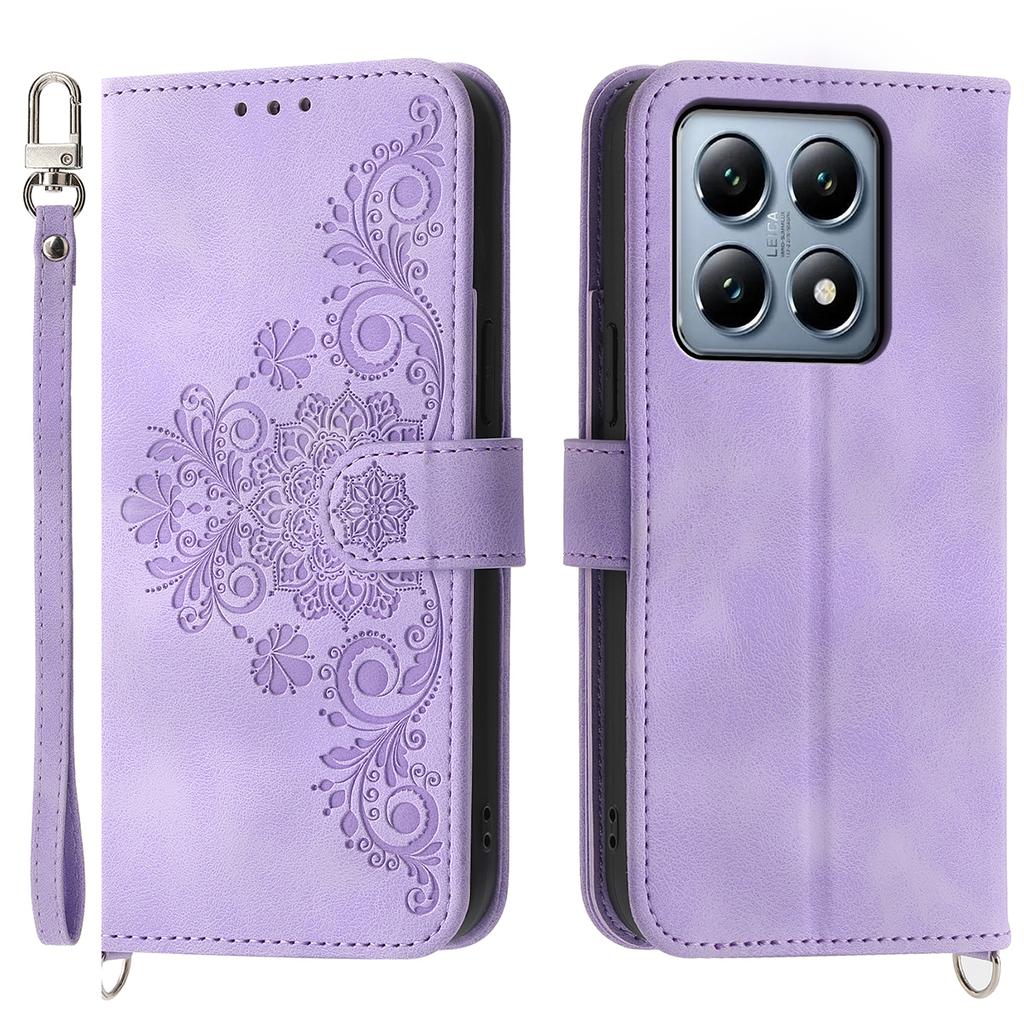 For Xiaomi 14T Pro Case Flower Pattern PU Leather Wallet Phone Cover with Strap