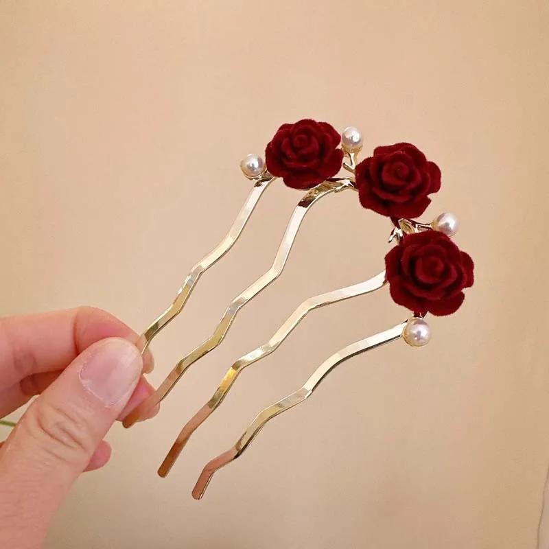 Vintage Red Velvet Rose Flower Hair Stick for Women Girls Elegant Metal U-shaped Hairpin Hanfu Headwear Hair Accessories