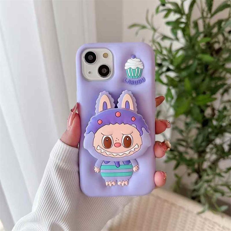 Custodia per telefono 3D carina Labubu con supporto per iPhone 16 15 14 13 12 Pro Max Cover in morbido silicone iPhone 14 violetto