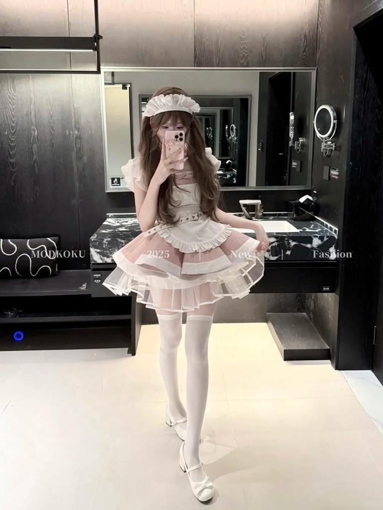 MODKOKU Maid Outfit Mini Maid Gothic Idol Winter Size 6-Piece Set, Women's, Gothic, Subculture, Y2K, Striped, Lolita, Ruffle, Lace, Ribbon, Outfit,