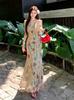 Holiday mesh printing neck dress women's summer retro temperament slim fishtail skirt slim hip wrap dress