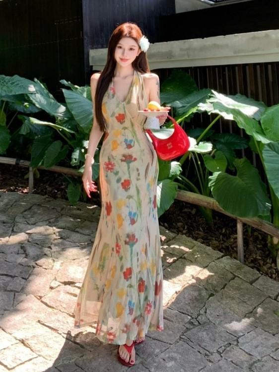Holiday mesh printing neck dress women's summer retro temperament slim fishtail skirt slim hip wrap dress